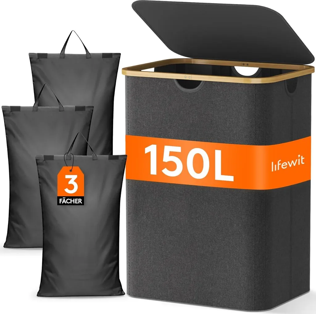 Grand Panier à Linge Triple Compartiment 150L Allecto Plus Gris Foncé