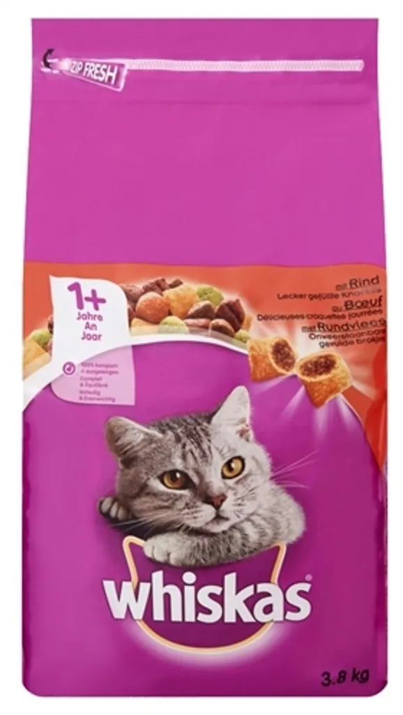 Croquettes Chat Whiskas Adult 1+ au Bœuf - Pack XXL 3x3,8kg Équilibre