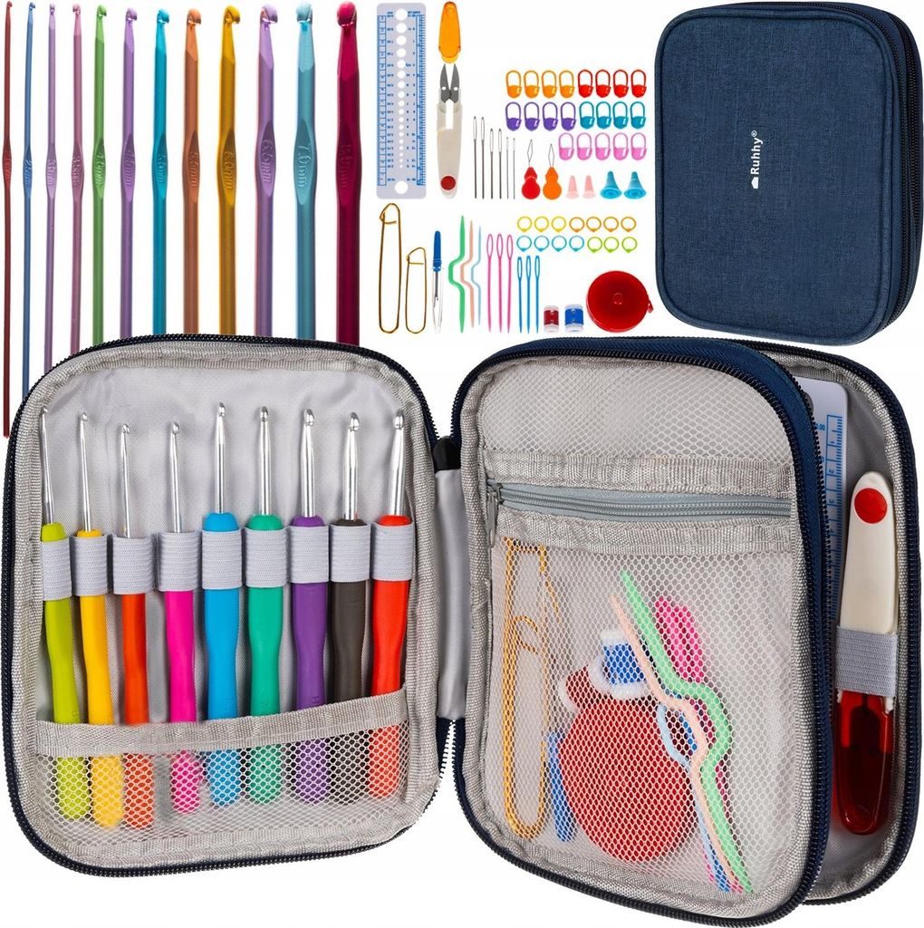 A set of crochet hooks and accessories laid out in an open case.
