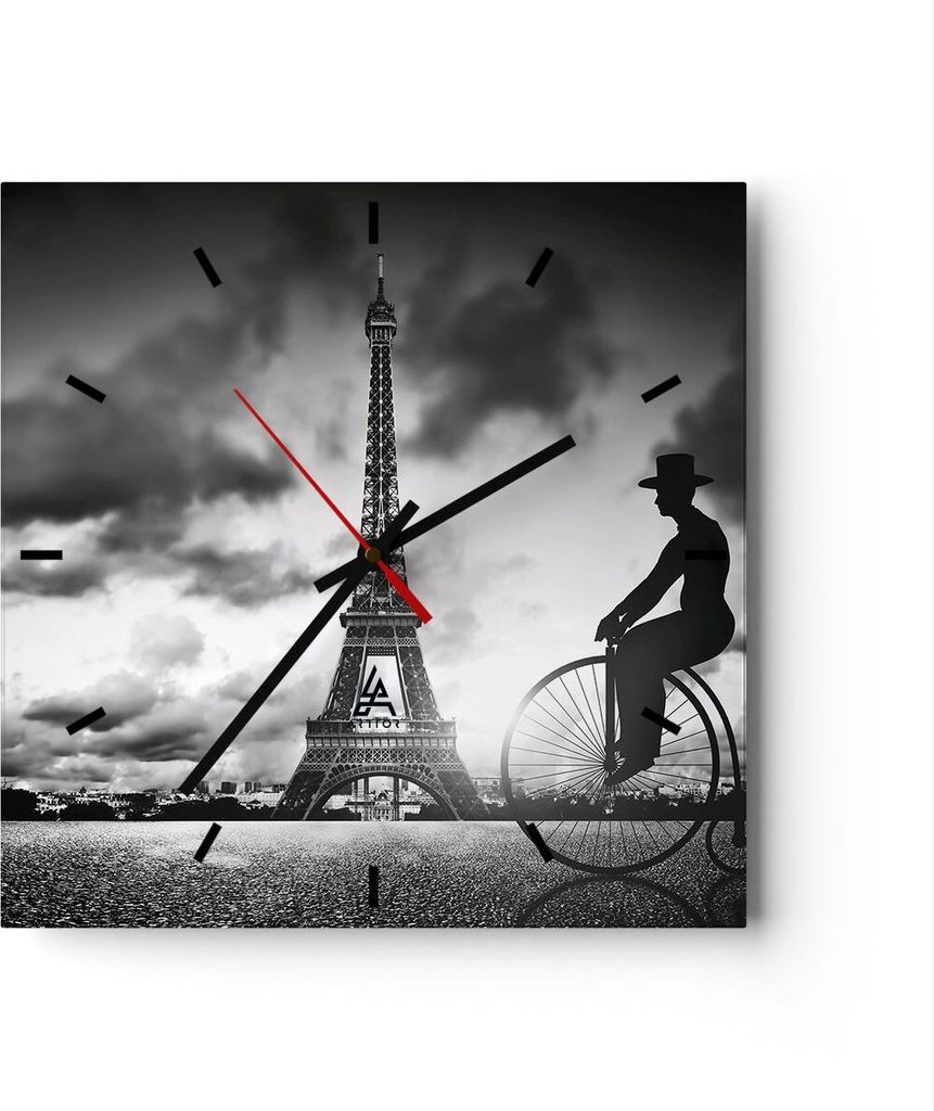 Wanduhr - Quadrat - Glasuhr - Paris Gentleman Fahrrad - 40x40cm - Schleichendes Uhrwerk - Lautlos - zum Aufhängen bereit - Dekoration Modern - Wan...