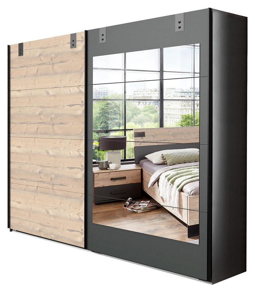 Schlafzimmer Schwebetürenschrank mit 225 cm Breite in Holzdekor mit graphit, 2-türig mit 1 Spiegeltür - MONTELLA-43