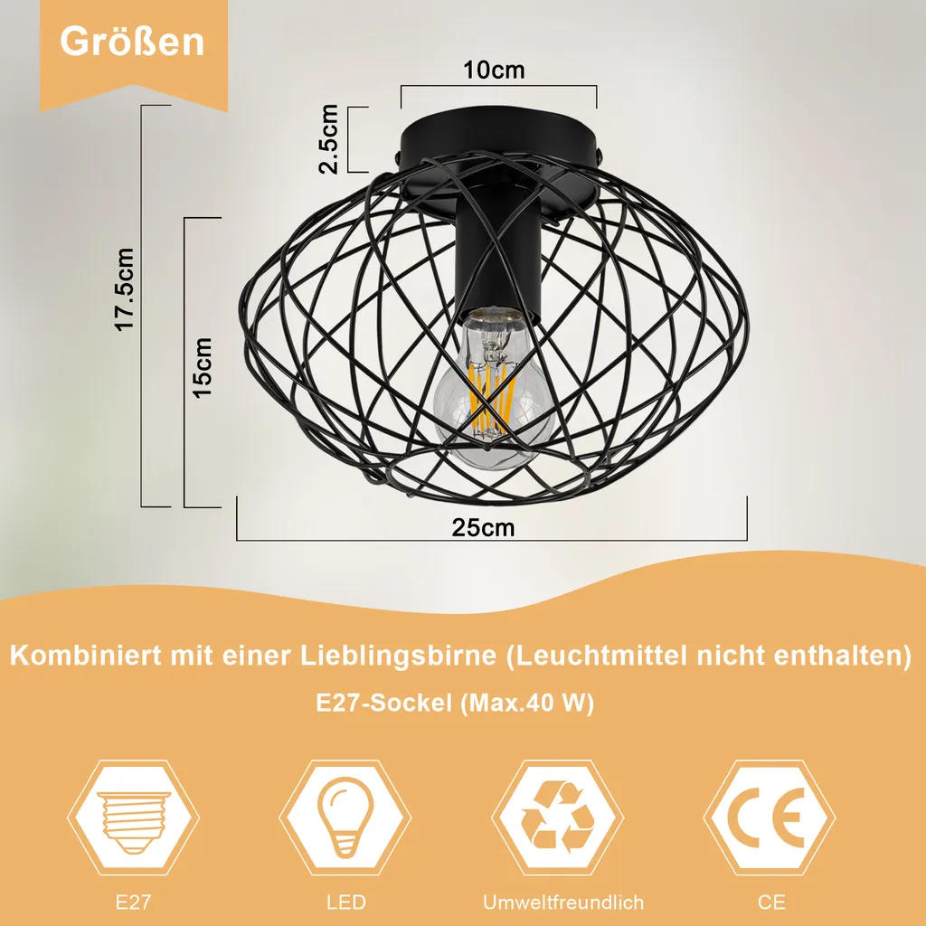 Plafonnier Retro Noir Ø 25cm E27 Éclairage Compact Petit Espace - 2