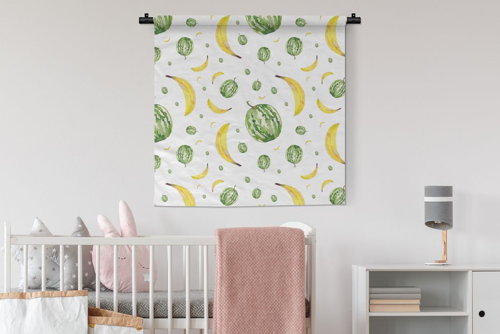 MuchoWow Wandteppich Wandbehang Wassermelonen - Bananen - Schablonen 90x90 cm Tapisserie Dekoration Wandtuch - Wandaufhänger