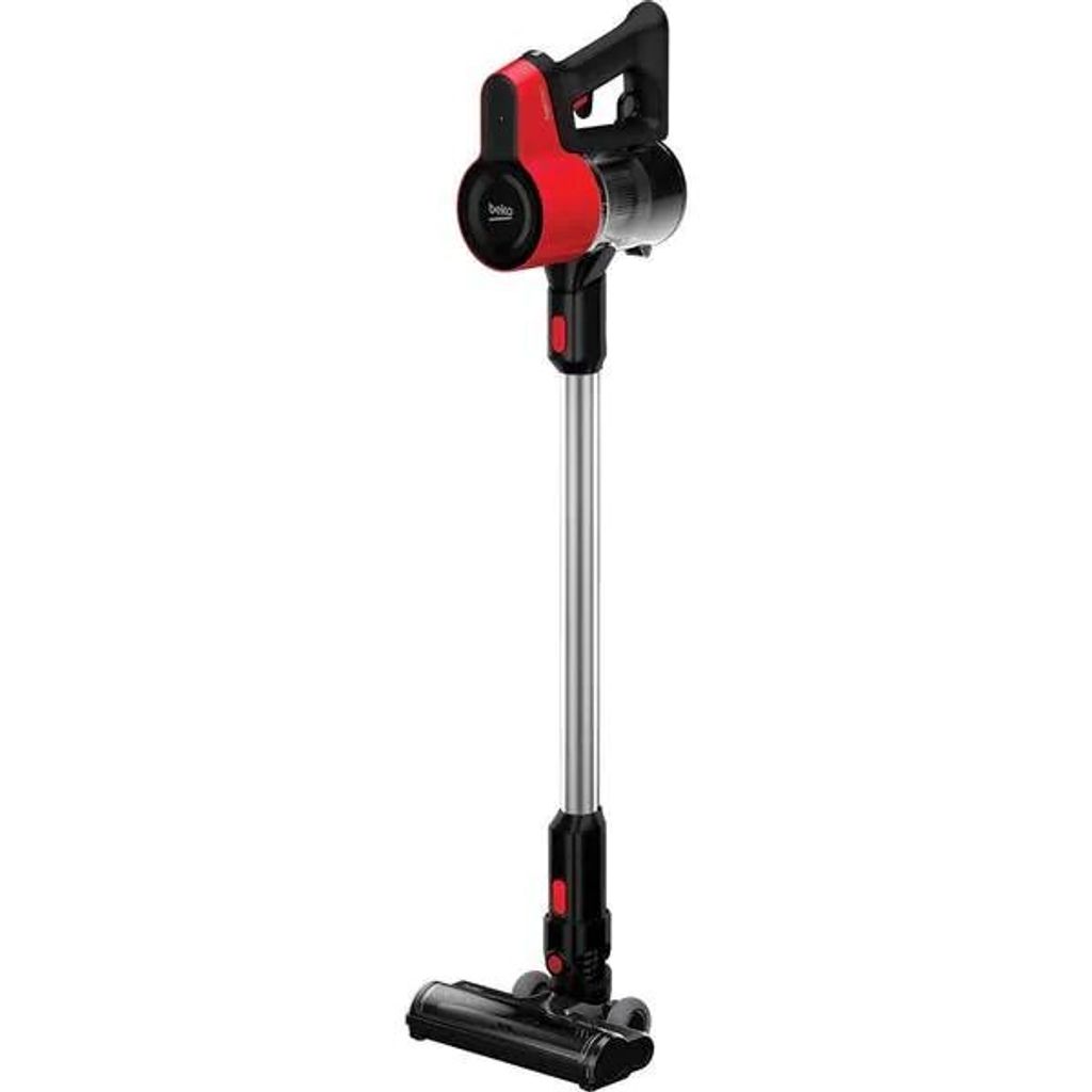 A red and black cordless vacuum cleaner is shown against a white background.