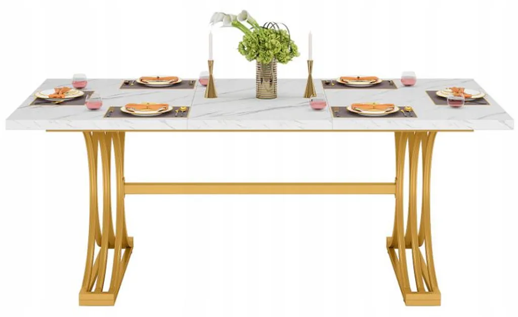Table design HOGA 160x80cm, plateau blanc brillant, structure or