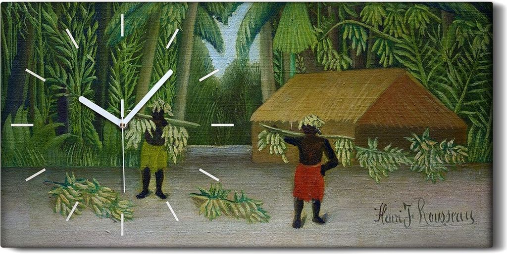 Wandbild Leinwand Bilder mit Uhr 60x30 Malerei Dschungel Hütte Palmen Bananen - weiße Hände