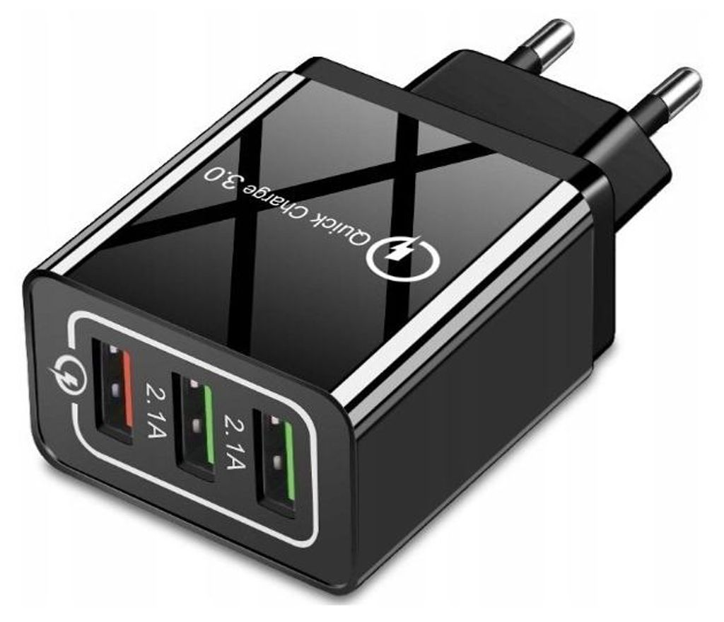 A black multi-port USB charger with 'Quick Charge 3.0' branding.