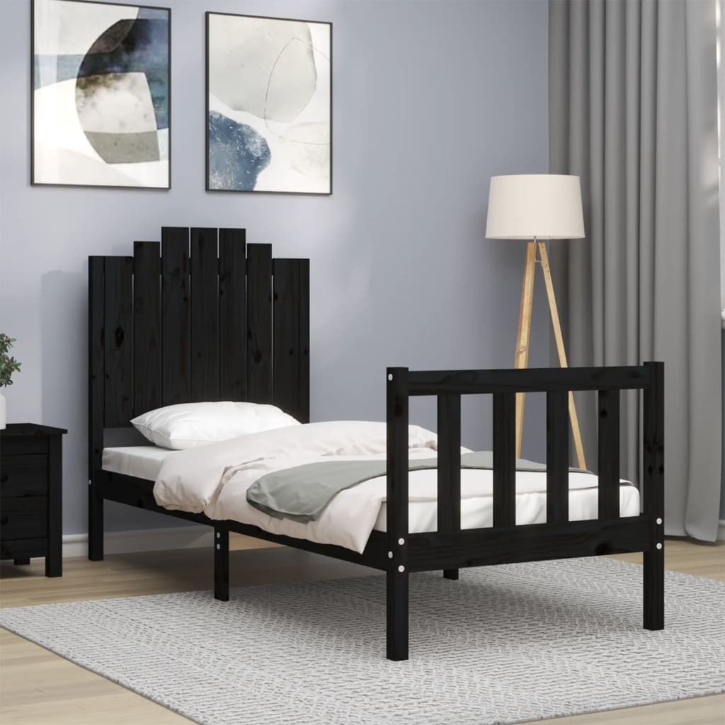 The Living Store Massivholzbett mit Kopfteil Schwarz