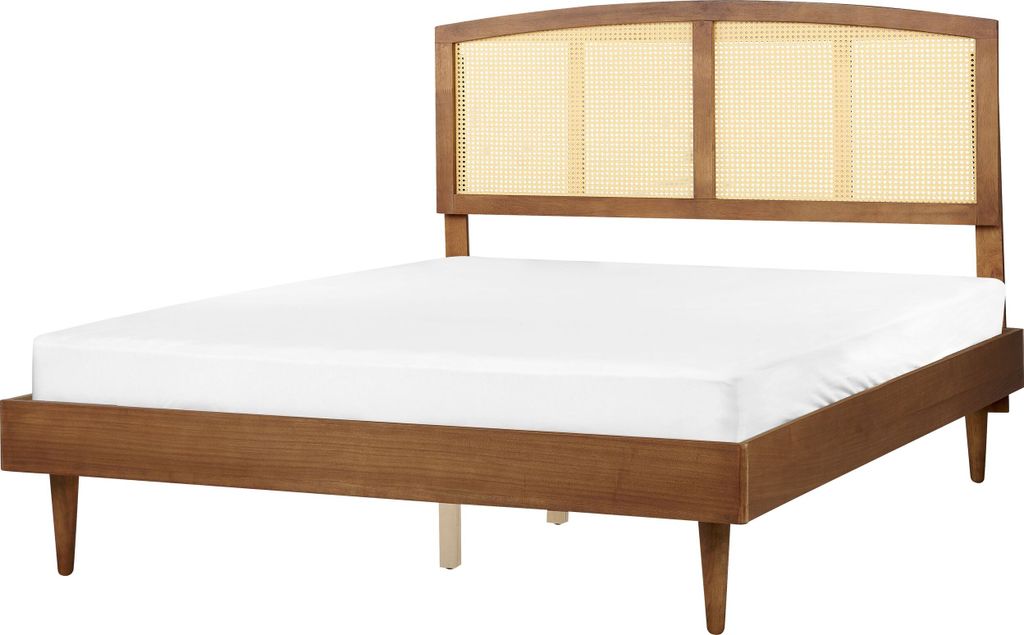 BELIANI Bett Hellbraun Gummibaumholz mit LED-Licht Lattenrost 160 x 200 cm Hohes Kopfteil Wiener-Geflecht Rustikaler Stil Schlafzimmer Doppelbett