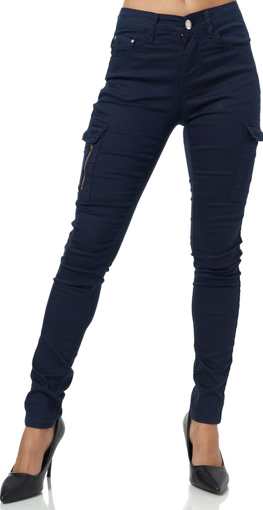 Elara Damen Cargo Jeans Slim Fit Seiten Taschen JEL001 Navy-40 (L)