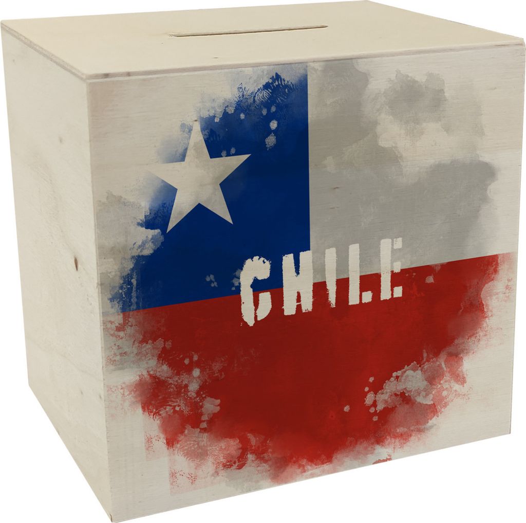 Spardose aus Holz mit Chile-Flagge im Used Look - Sparschwein für Urlauber