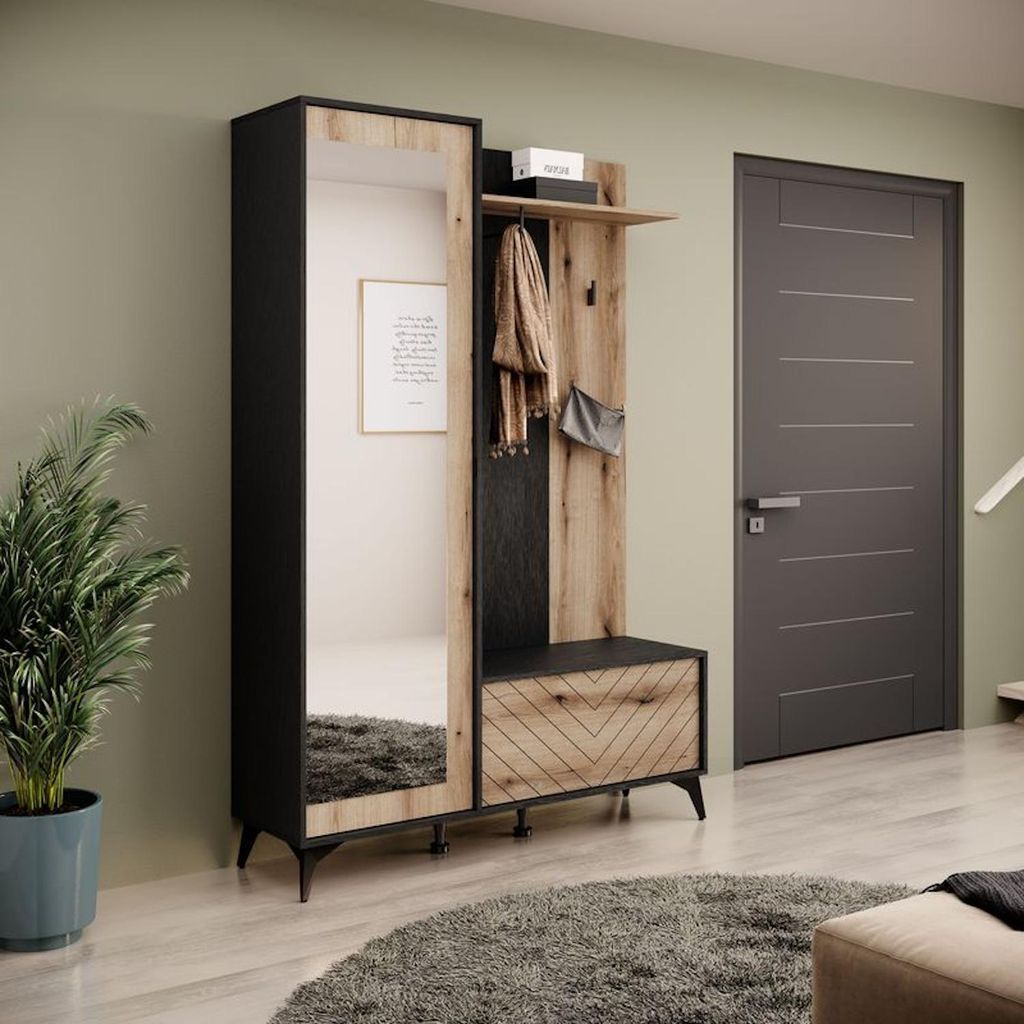 Garderobe – G134 – DIAMOND – Eiche Evoke / Schwarz – Modernes Flurmöbel mit Spiegel & Sitzbank