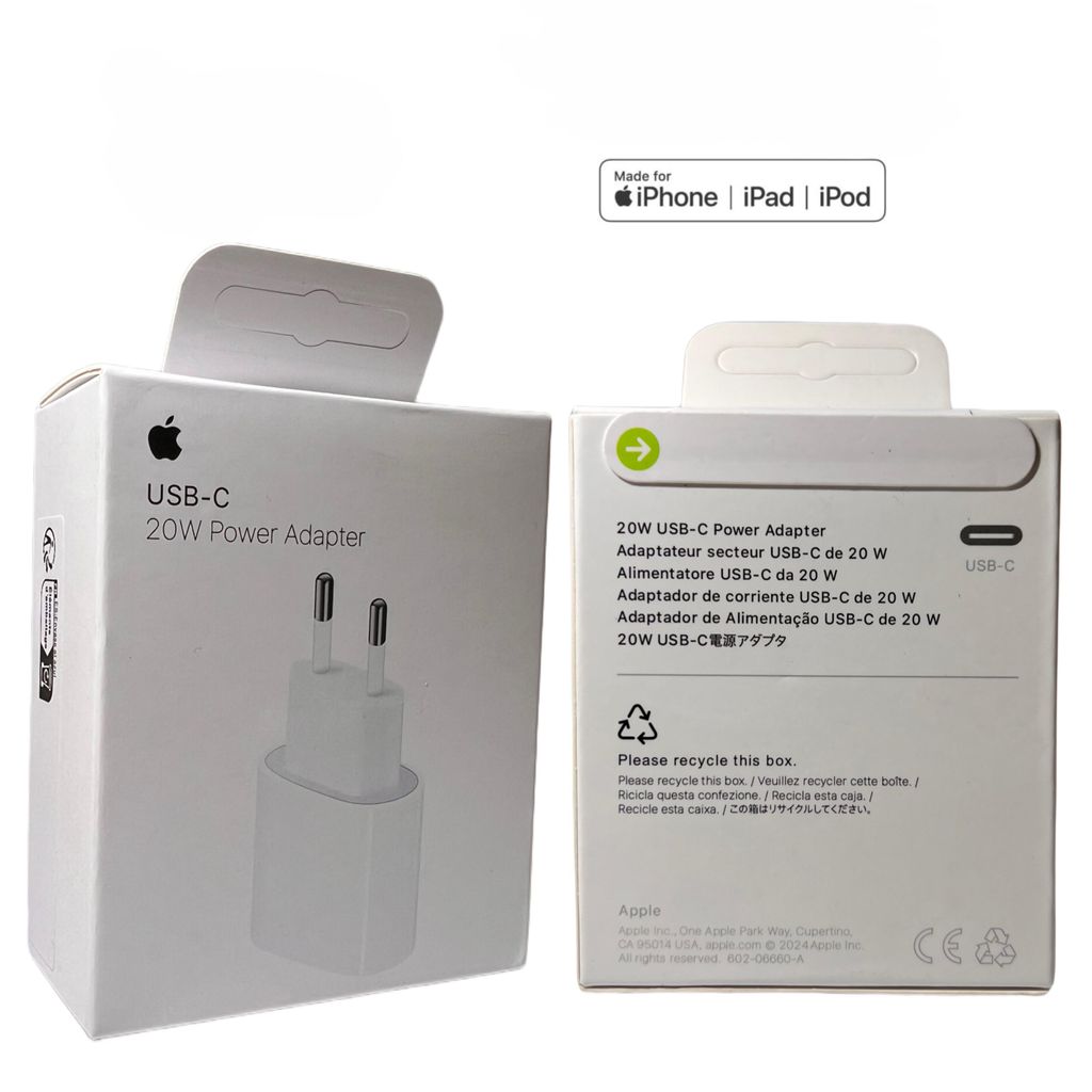 Two boxes of Apple 20W USB-C power adapters are shown side-by-side against a white background.