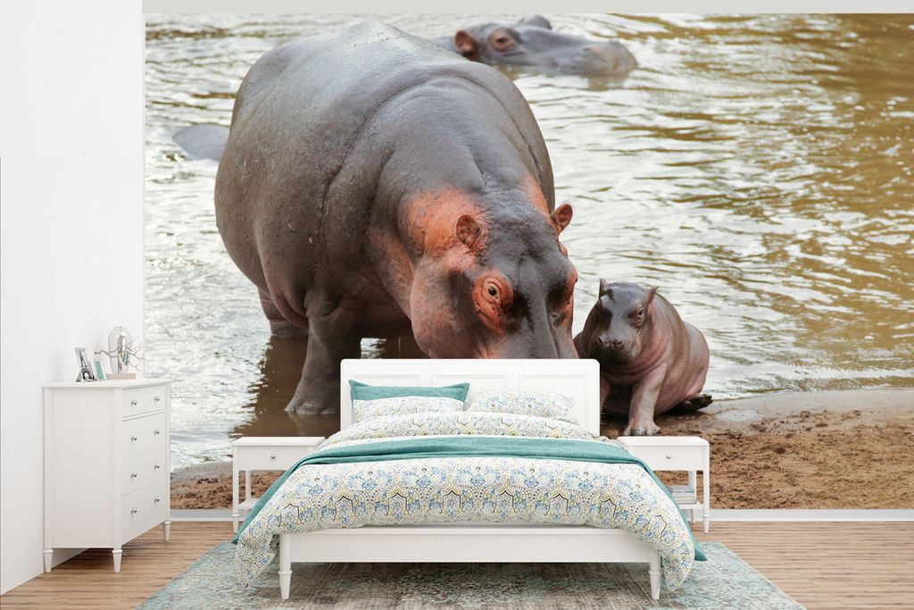 MuchoWow Fototapete für Wohnzimmer oder Schlafzimmer Wandtapete Vinyl Motivtapete Tiere - Nilpferde - Baby - 345x220 cm - Wohnzimmertapete