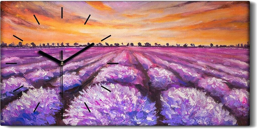 Wohnzimmer-Bild Leinwand Uhr Geräuschlos 60x30 Lavendelfeld Sonnenuntergang - schwarze Hände