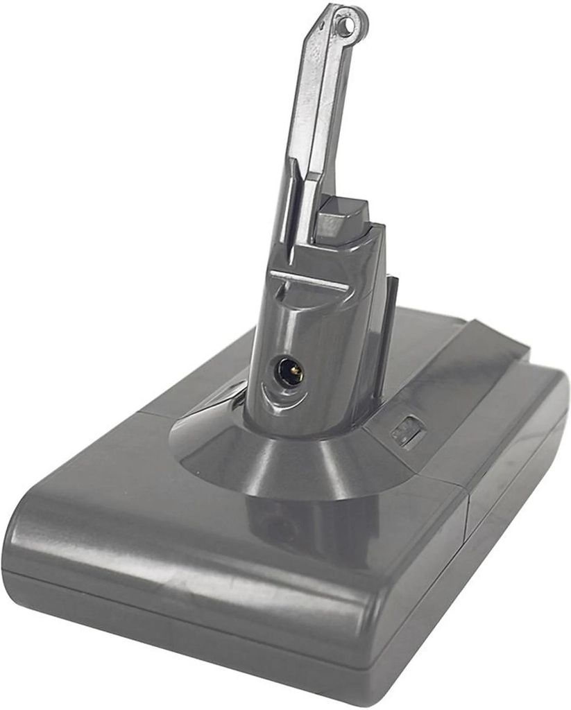A gray vacuum cleaner battery pack with a silver attachment.