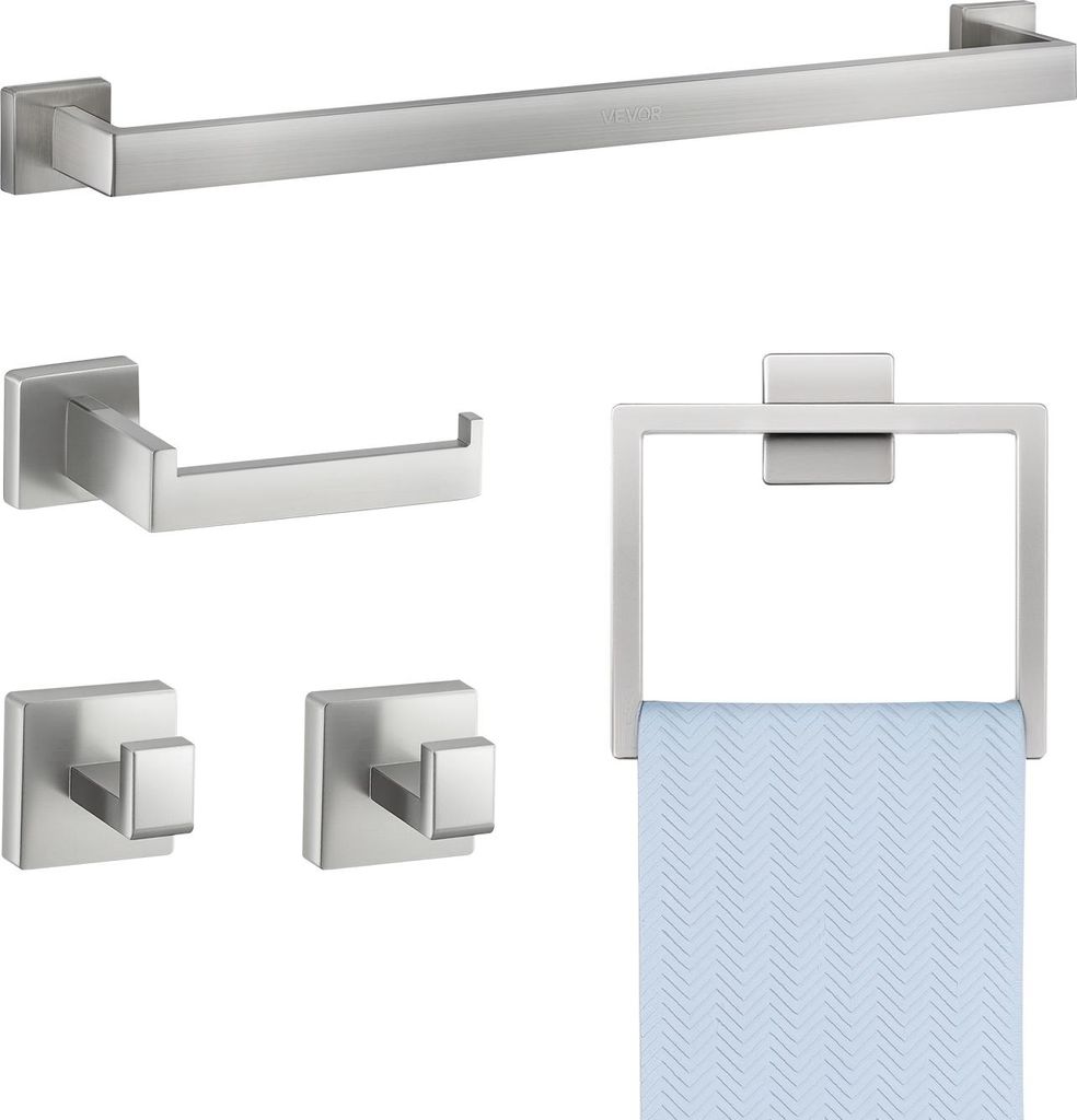 VEVOR Badezimmer Hardware Zubehör Set aus Edelstahl 304 (5-tlg.) inkl. Handtuchstange & Handtuchhalter (quadratischer Ring) & 2 Haken & Toilettenp...