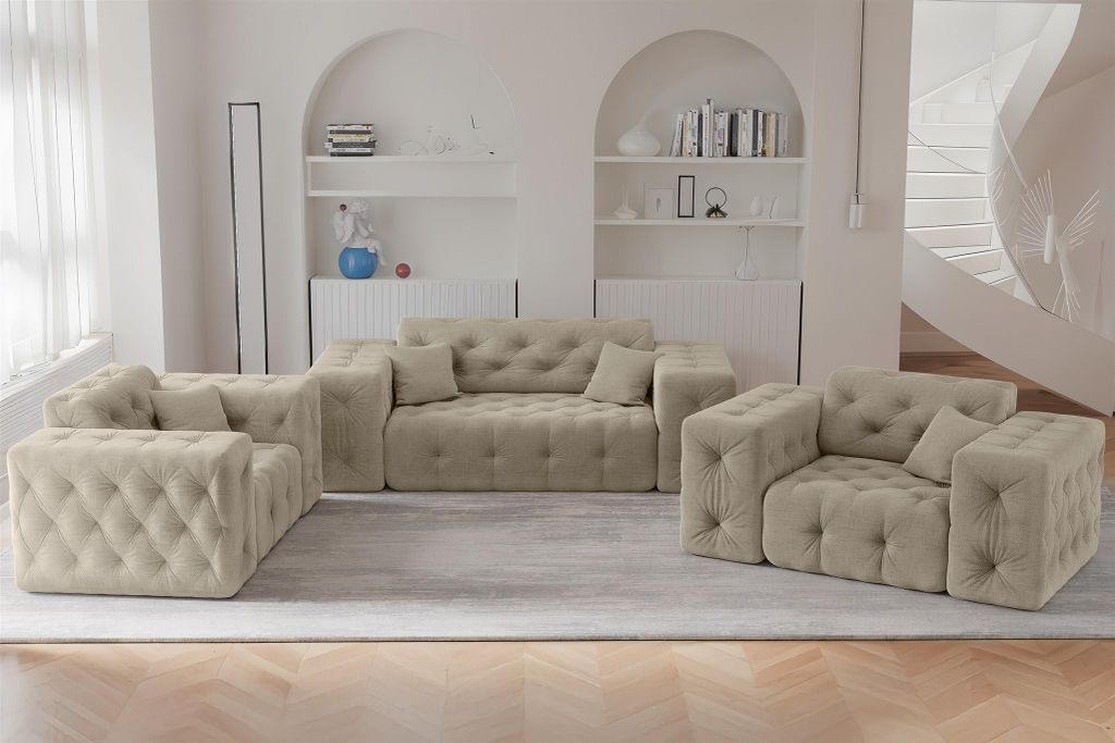 Sofaset Designersofa CHANTAL 2-1-1 in Stoff Moly Beige