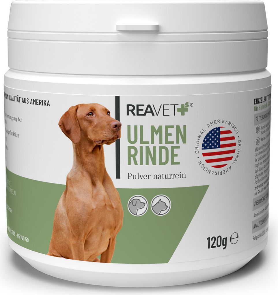 REAVET Ulmenrinde Pulver Amerikanisch für Hunde & Katzen 120g – Natürlich für Magen und Darm, Durchfall Pulver für Hund Katzen, gegen Verstop...