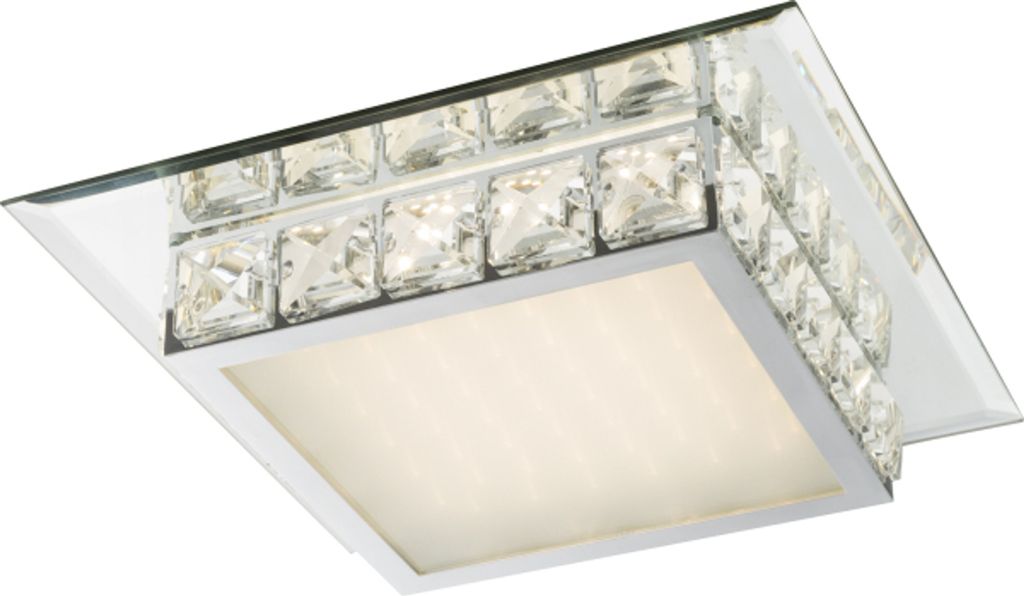 Globo Lighting Deckenleuchte Metall verchromt, Glas opal, K5 Kristalle klar, Spiegelrand, mit Sterneffekt, LxBxH: 340x340x75mm, inkl. LED 18W 230V,...