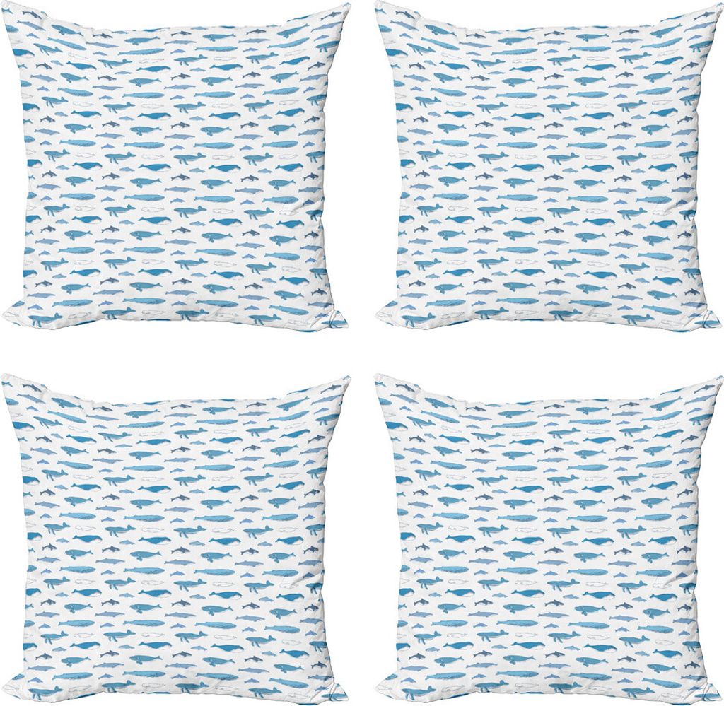 ABAKUHAUS Wal Kissenbezug Set (4 Stück), Hand Drawn Wassersäugetier, Moderner Doppelseitiger Digitaldruck, 60 cm x 60 cm, Slate Blau Weiß
