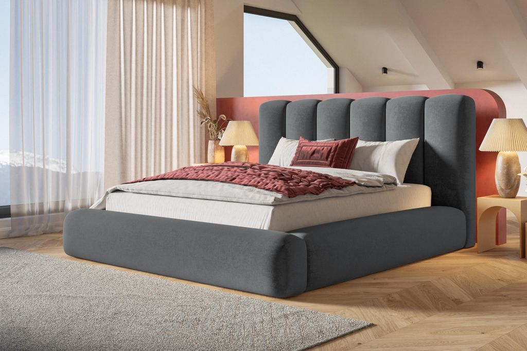 Bett 120x200, Bett mit Lattenrost, Polsterbett mit Bettkasten und Metallrahmen, Eleganter Jasmine-Stoff, Kollektion Alva Maxi, Grau