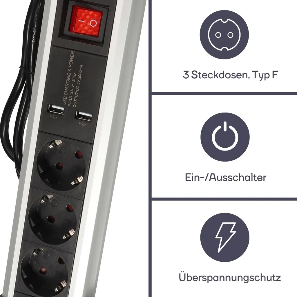 Presa di corrente da tavolo con 3 prese e 2 porte di ricarica USB - 2,4 A - Schuko - 5