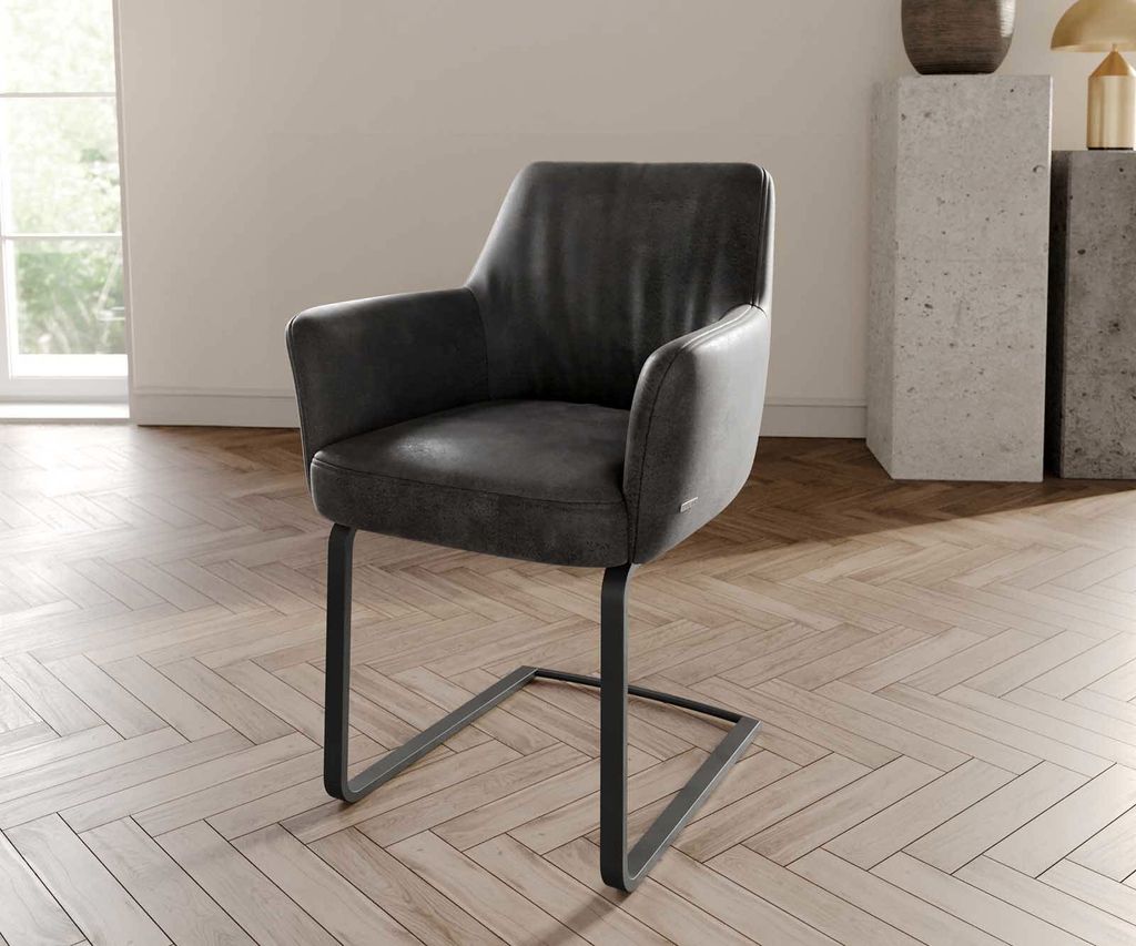 DELIFE Freischwinger Xana-Flex mit Armlehnen Mikrofaser Anthrazit Vintage Freischwinger flach Schwarz Taschenfederkern
