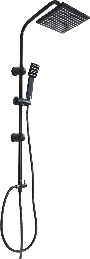 A black shower set with a rain shower head and a handheld shower head.