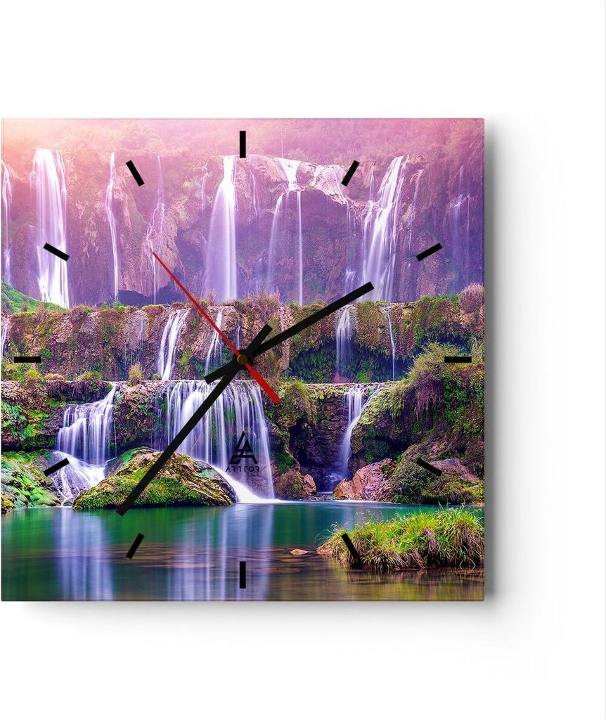 Wanduhr - Quadrat - Glasuhr - Wasserfall Natur - 30x30cm - Schleichendes Uhrwerk - Lautlos - zum Aufhängen bereit - Dekoration Modern - Wanddekora...
