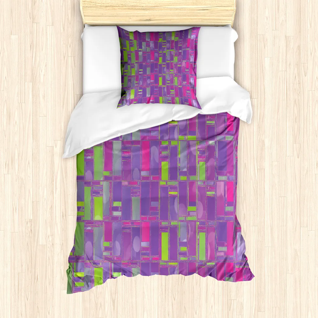ABAKUHAUS Set copripiumino per letti singoli, motivo Distorted Cubes, antiacaro, adatto a chi soffre di allergie, con federa, 135 cm x 200 cm - 80 x 80 cm, viola e verde chiaro