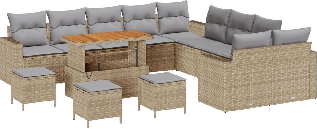 Möbel 14-teiliges Garten-Sofa-Set mit Kissen Beige Poly-Rattan Akazie, 4-teiliges Garten-Ess-Set mit Kissen Beige Poly-Rattan Akazie - Gartensofas...