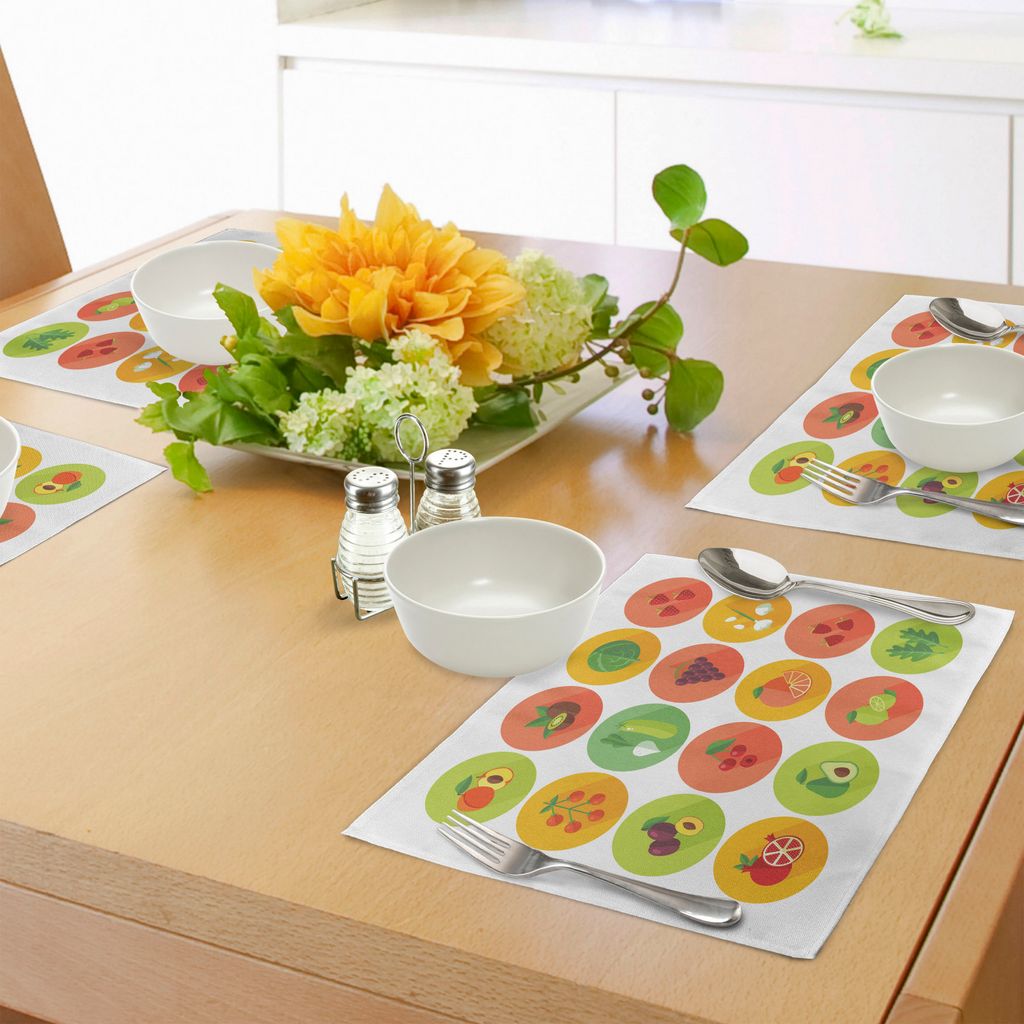 ABAKUHAUS Obst Platzmatten, Lebensmittel-Ikonen-Gurken-Avocado-Knoblauch-Trauben-Kohl-Pflaumen-Mandarine-Rübe und Erdbeeren, Tiscjdeco aus Farbfes...