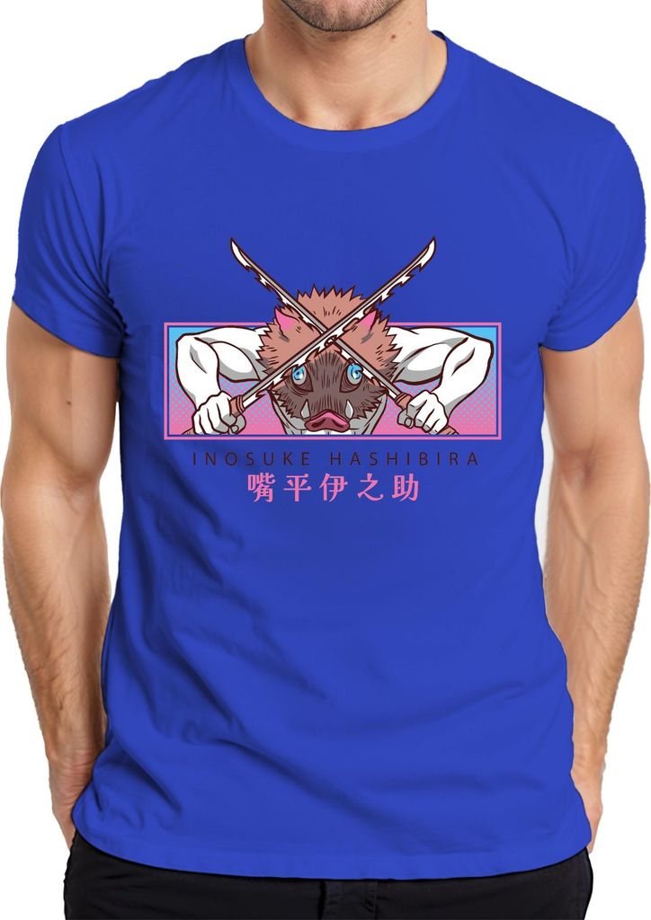 Inosuke Hashibira Ebermaske Gekreuzte Schwerter Kimetsu Geschenk Herren T-Shirt, Blau, XXL