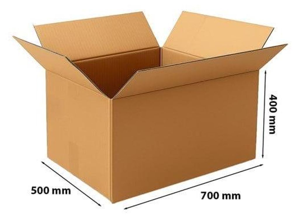 An open cardboard box with dimensions indicated.