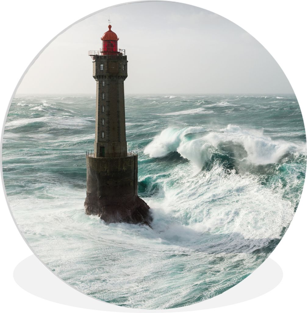 MuchoWow Rundes Wandbild - Runde Bilder Eine Welle hinter dem Leuchtturm von La Jument in Frankreich Ø 30 cm Kreis Wanddekoration Kunststoff - W...