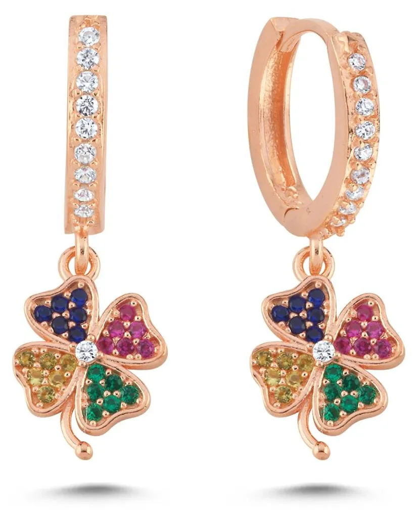 Boucles d'oreilles créoles trèfle porte-bonheur argent 925 doré rose