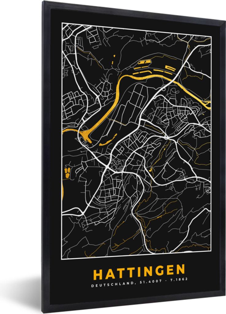 MuchoWow Gerahmtes Poster Karte - Stadtplan - Hattingen - Deutschland - Gold 20x30 cm - Poster mit Schwarzem Bilderrahmen Wandposter Rahmen Foto ...