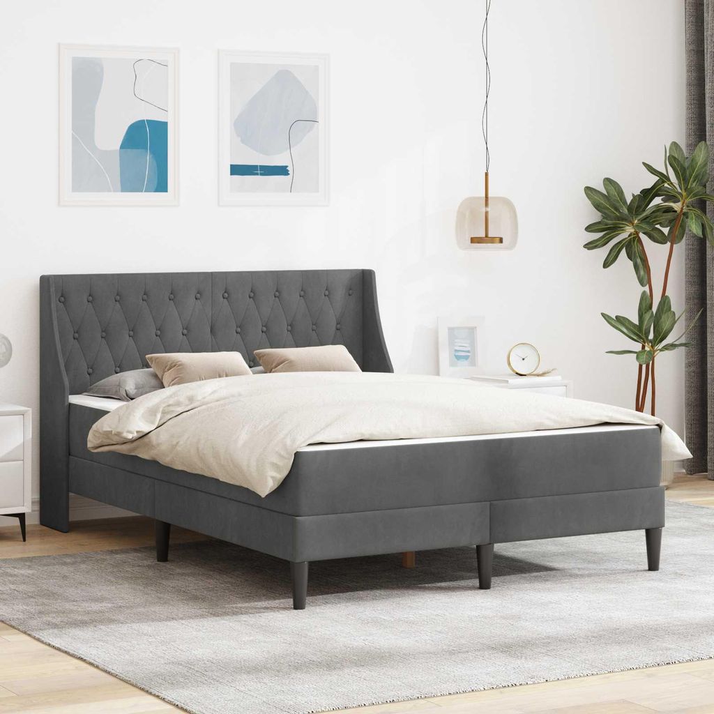 "Neues Produkt" Bettgestell - CLORIS - Bettrahmen - mit Matratze Dunkelgrau 140x190 cm Samt - Polsterbett V2385