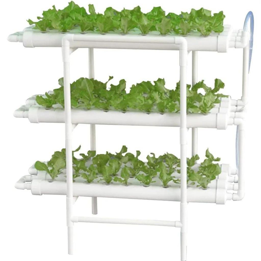 Hydroponisches Anbausystem - 3-stufiges Rohrsystem - 108 Pflanzlöcher - 12 Rohre - Größe 96×55×111 cm - PVC-Material - Für Blattgemüse - Weiß