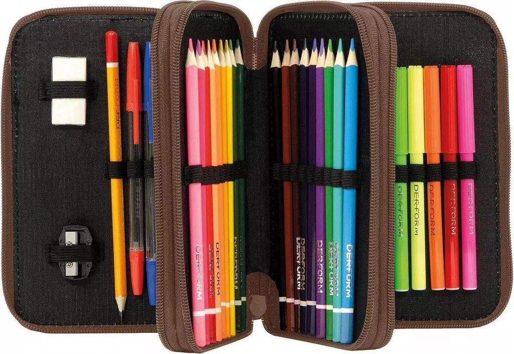 An open pencil case filled with colored pencils, pens, erasers, and a sharpener.
