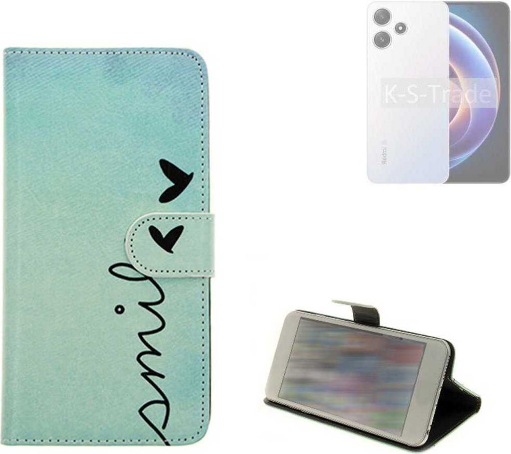 K-S-Trade Schutz Hülle Handy Hülle kompatibel mit Xiaomi Redmi Note 12R Hülle Handyhülle cover bookstyle Etui Handyhülle “smile“ türkis