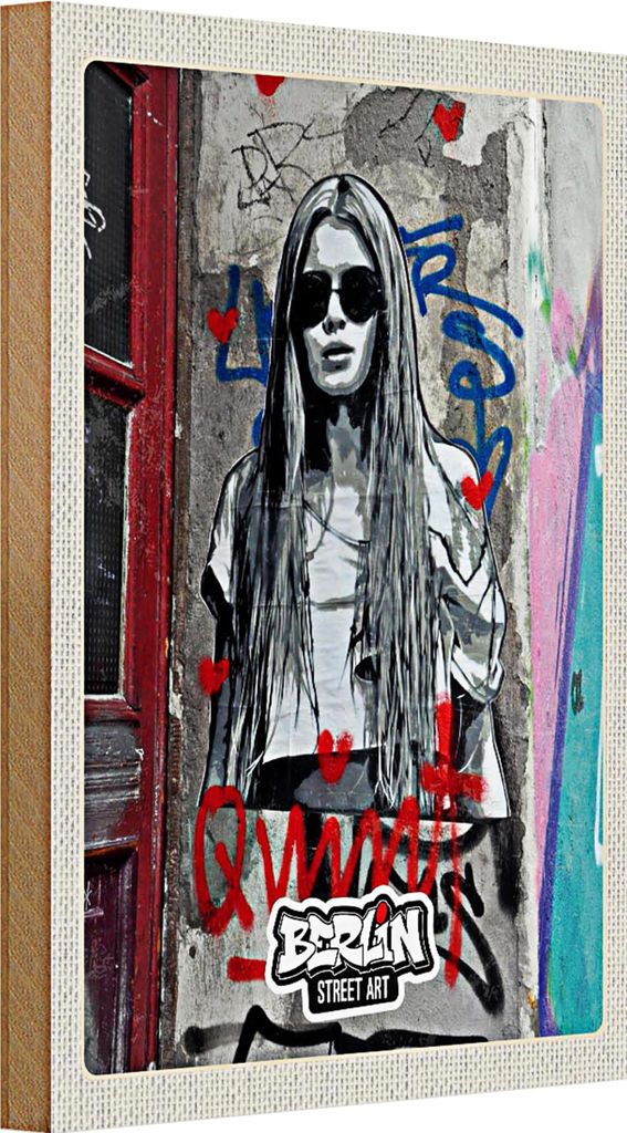 Holzschild Reise 20x30cm Berlin schwarz weiß Graffiti Frau