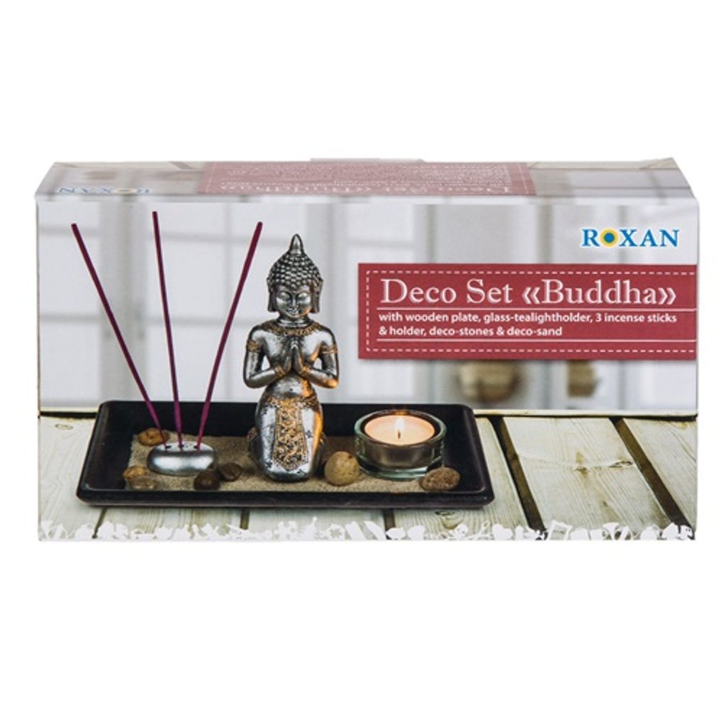 22x14 cm Buddha auf Holz-Tablett mit Teelichthalter Räucherstäbchen Sand Steine 