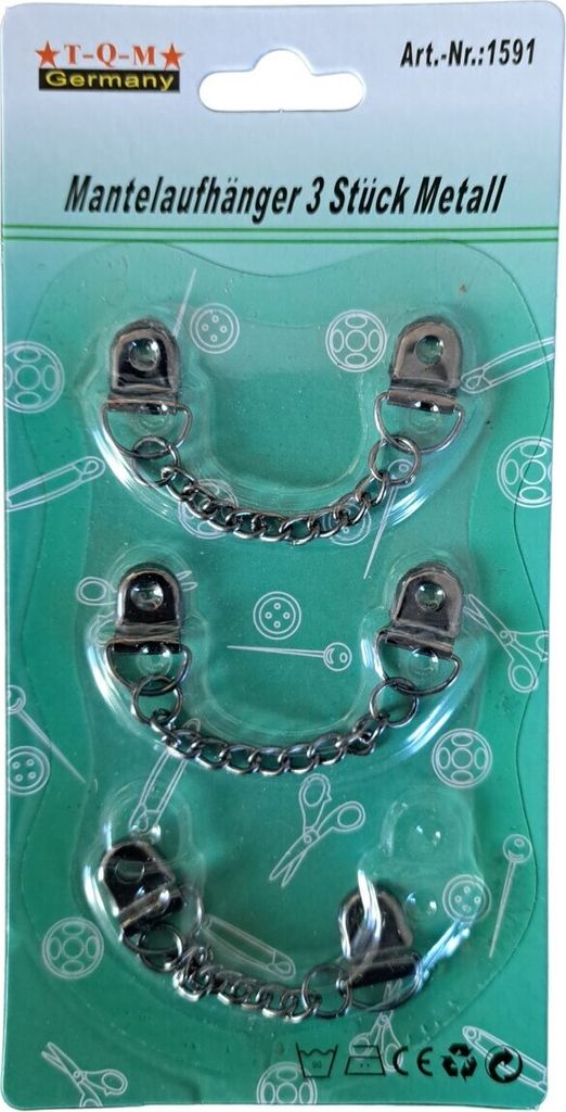 A product package containing three metal coat hangers.