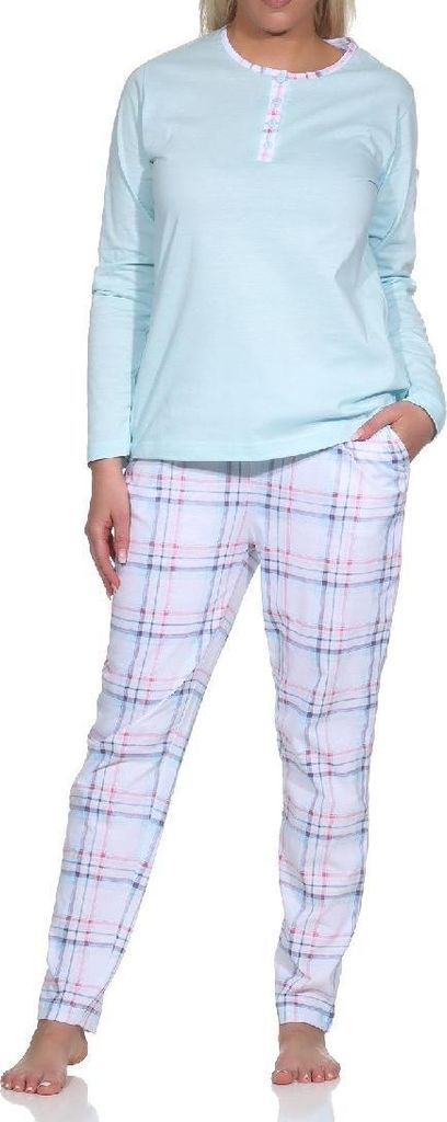 Edler Damen Schlafanzug langarm Pyjama mit karierter Hose aus Jersey - auch in Übergrössen ; hellblau , 36