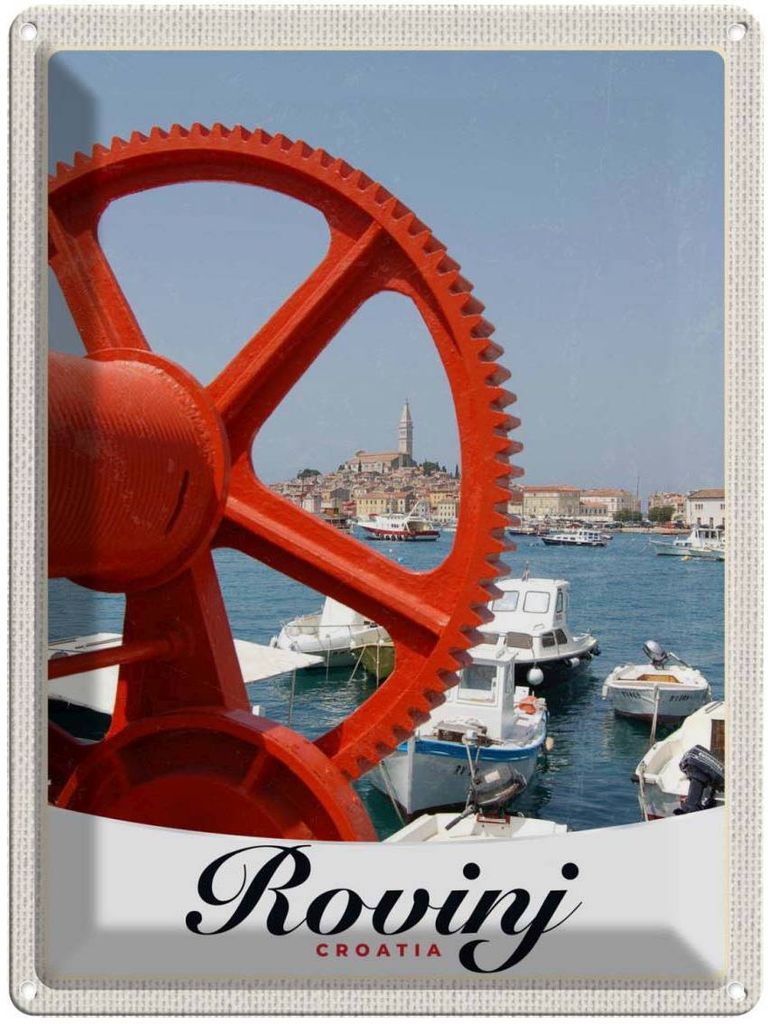 vianmo Blechschild 40x30 cm Rovinji Kroatien Urlaub Boote rot Haus Bildmotiv Reisemotiv Abenteuer Reisen Europa