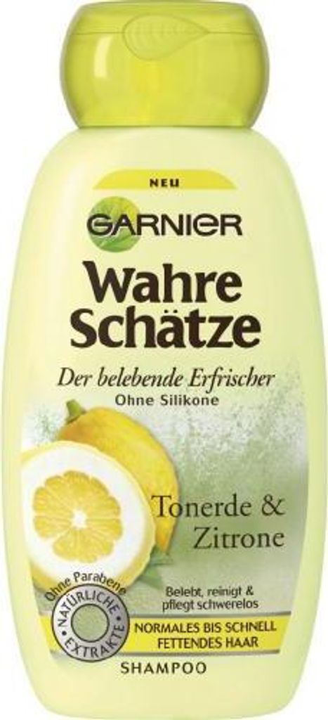 Garnier True Treasures, Erfrischendes Shampoo mit Tonerde und Zitrone, erfrischt, reinigt und pflegt normales und schnell fettendes Haar, 250ml