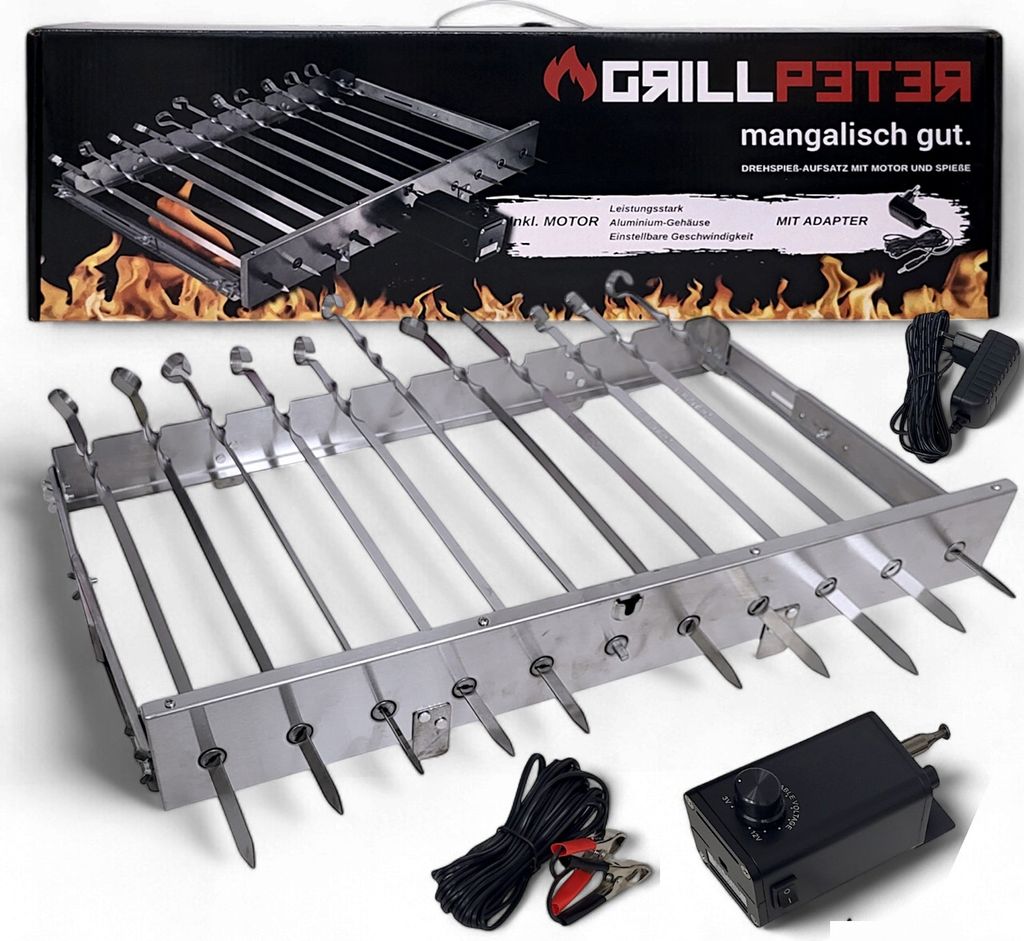 A product shot of a rotisserie spit set with a motor and accessories, displayed on a white background with packaging in the background.