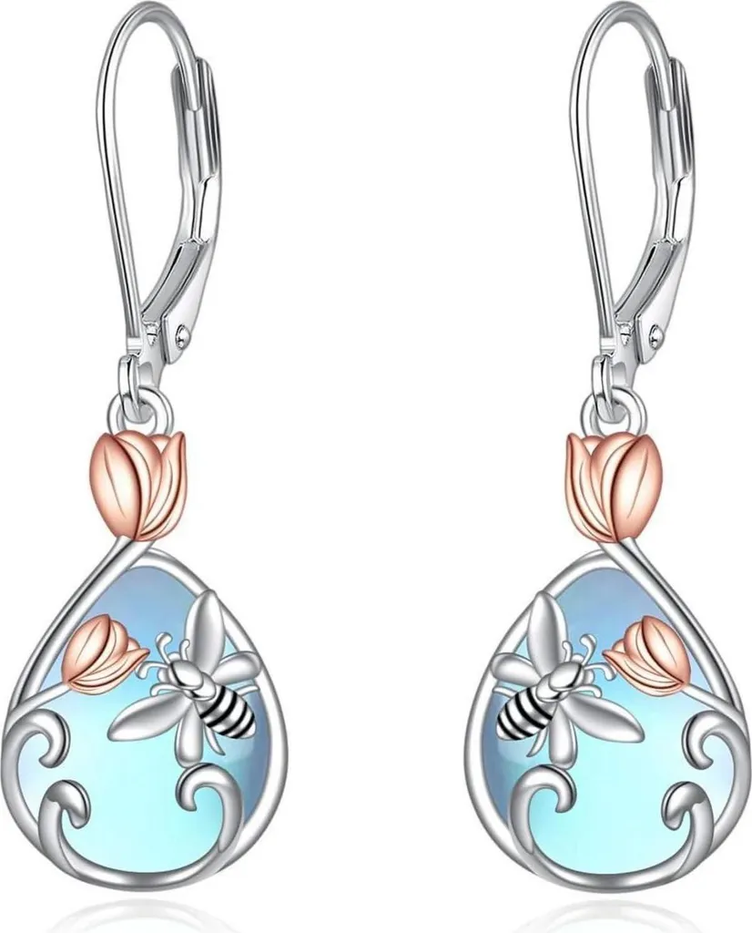 Boucles d'oreilles hypoallergéniques argent 925 abeille pierre de lune